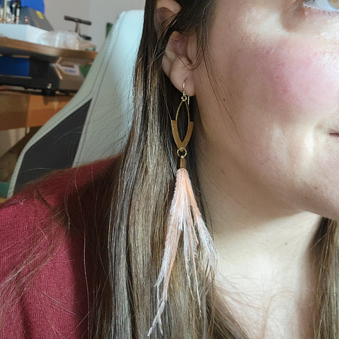 Pink Feather Brass Dangle Earrings